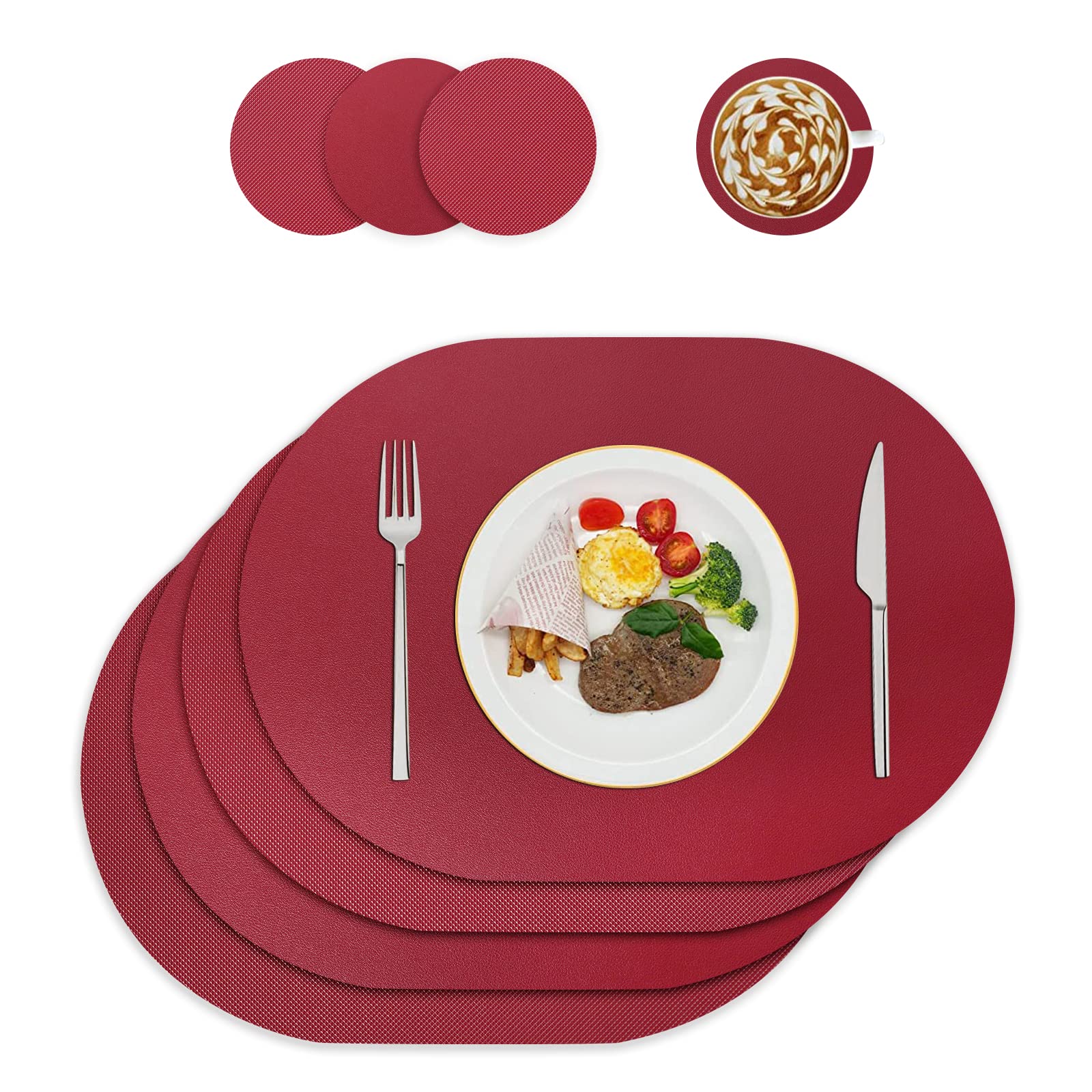 WAKOSAN Leather Placemats and Coasters, Washable Round, Place Mats for Kitchen Dining Table, Set of 4 (Oval, Wine Red)