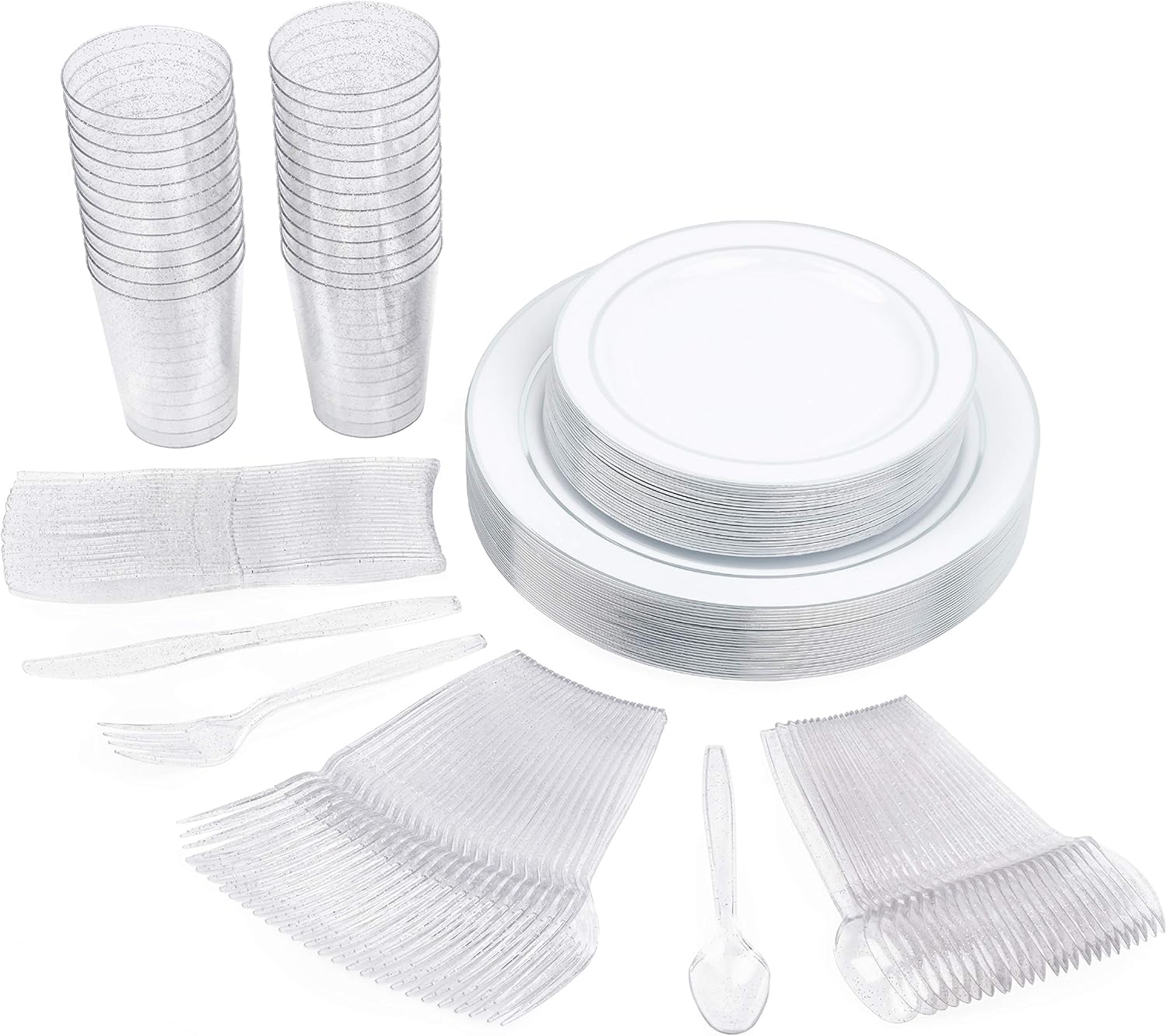 MATANA 150 Pcs Reusable White & Silver Plastic Dinnerware Set for 25 Guests, Dinner Plates, Dessert Plates