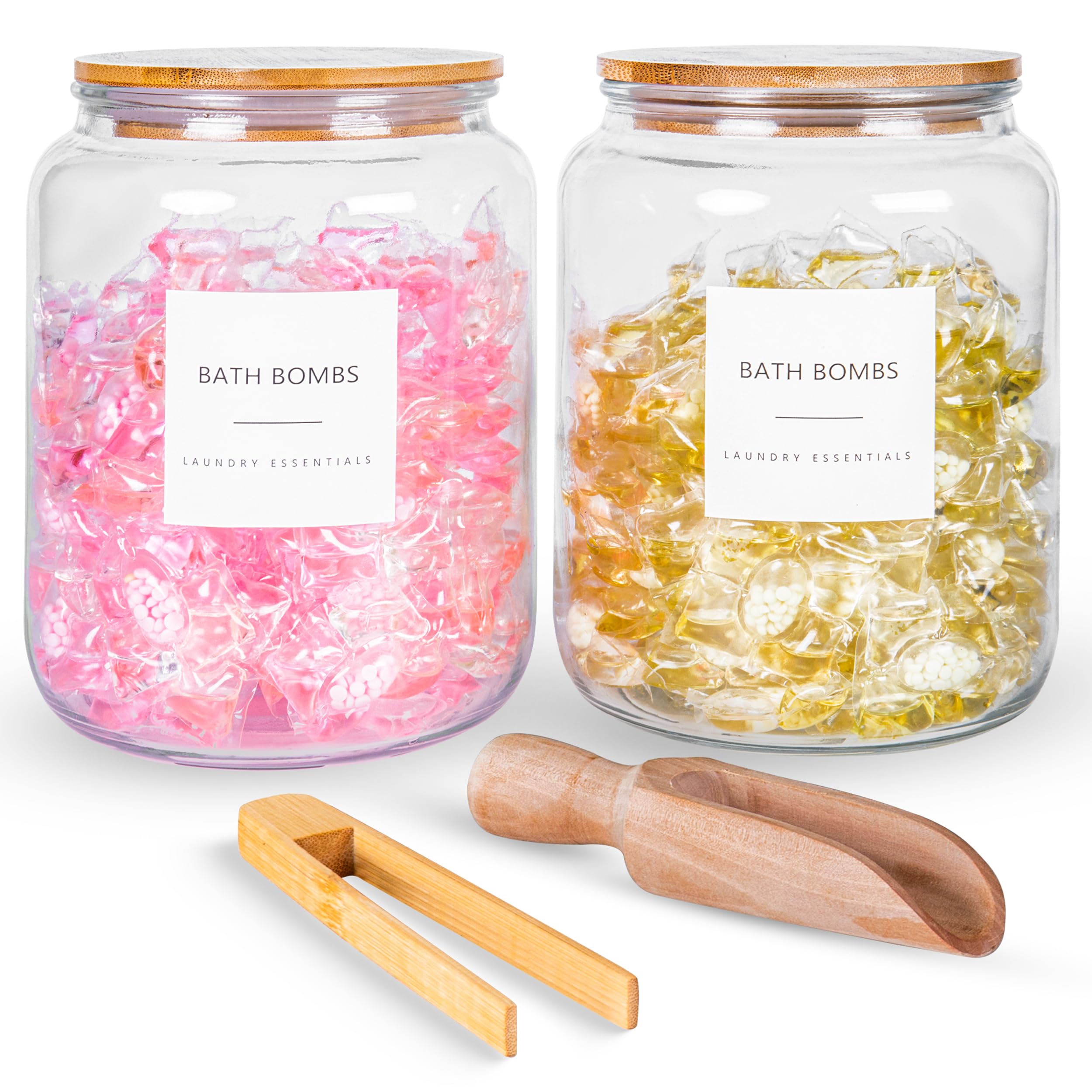 Photo 1 of Airtight Glass Jars (2 pack 0.5 gallon each(2L)) with Bamboo Lids – Glass Storage with Wooden Scoop, Tongs, and Labels – Cabinet Storage Organization Duo for Laundry, Pantry, and Bathroom