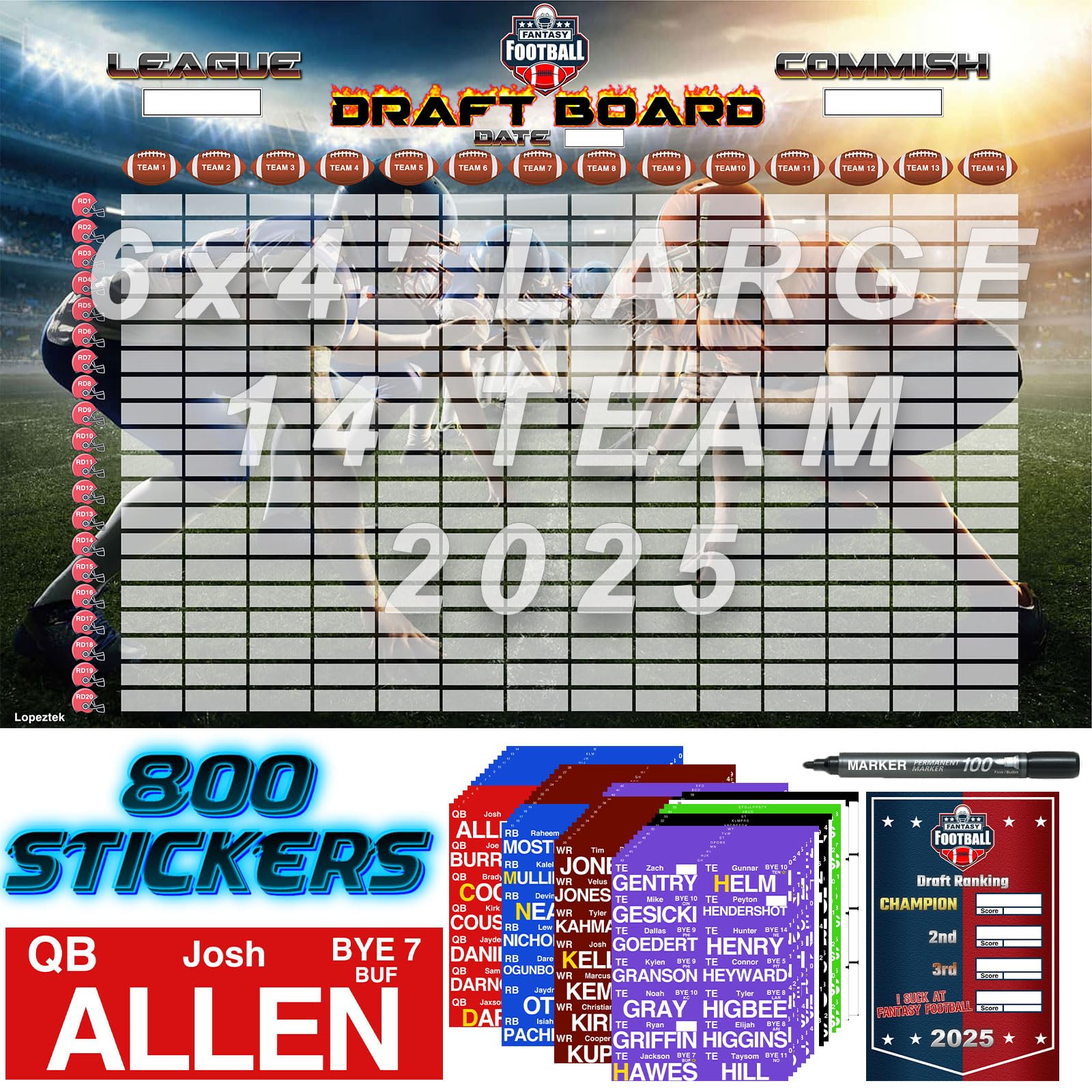 Photo 1 of Lopeztek Fantasy Football Draft Board 2025, 800 Stickers Include 726 Top Ranking Players, Large 6 x 4ft Board for Up to 14 Teams, Offline Fantasy Football Draft Kit