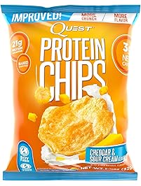 Quest Nutrition Protein Chips, Cheddar & Sour Cream, 21g Protein, 2g Net Carbs, 132 Cals, Low Carb, Gluten Free, Soy Free, Potato Free, Baked, 1.2oz Bag, (Pack Of 8), Packaging May Vary