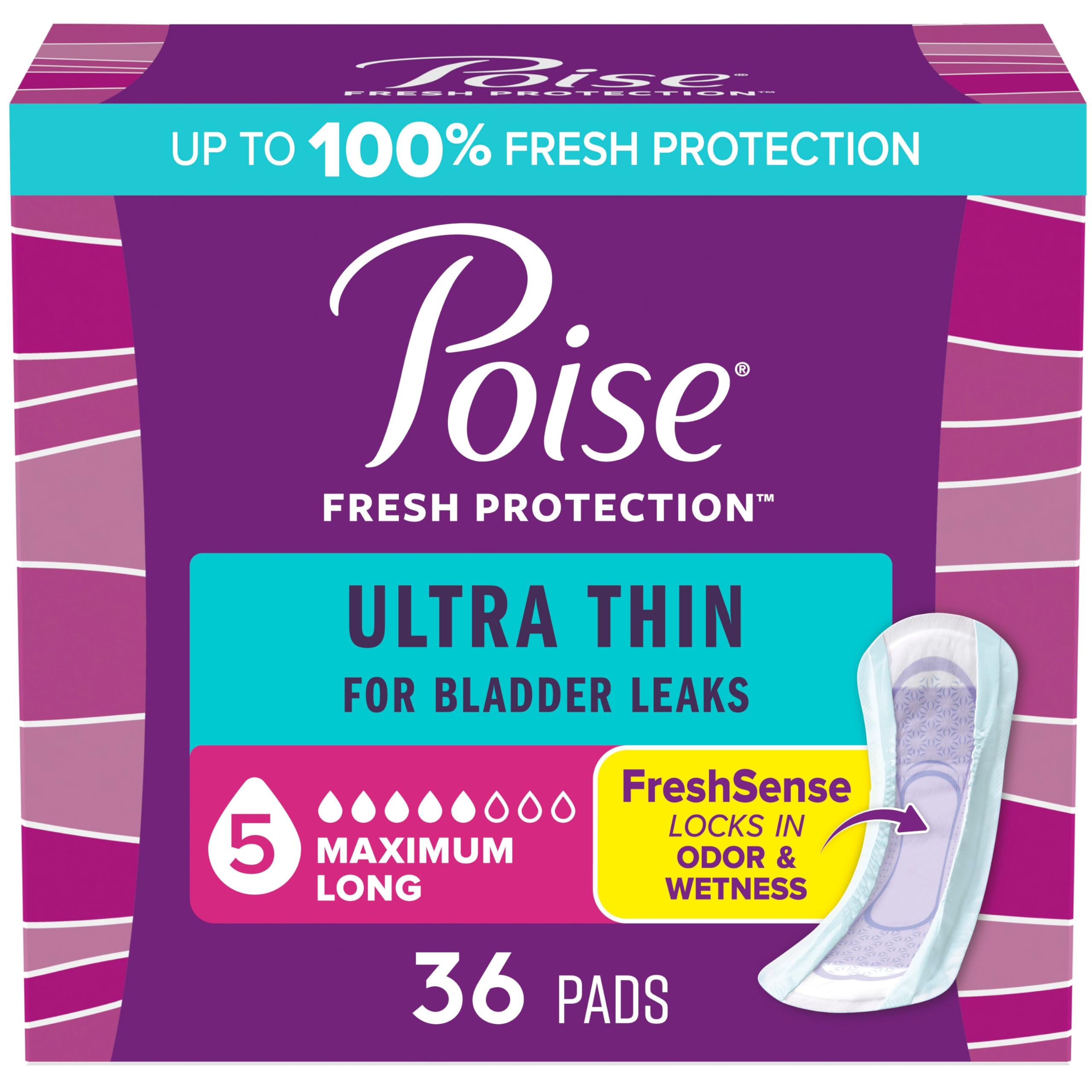 Photo 1 of Poise Ultra Thin Incontinence Pads & Postpartum Pads for Bladder Leaks, 5 Drop Maximum Absorbency, Long Length, 36 Count, Packaging May Vary