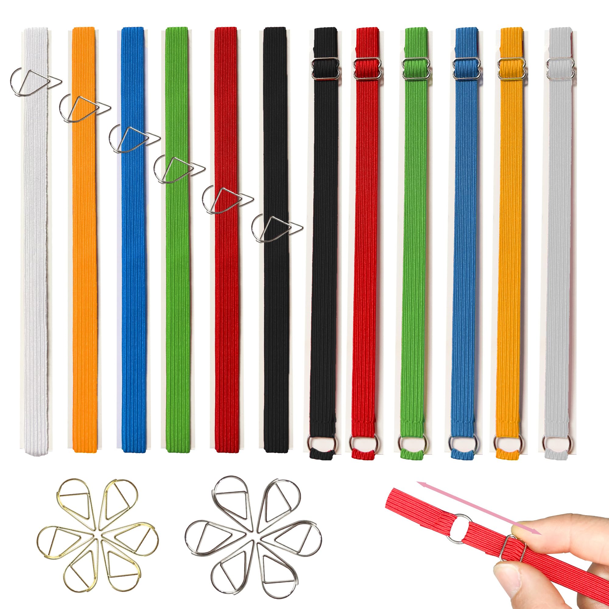 Photo 1 of 12pcs Elastic Bookmarks Set Adjustable Planner Elastic Bands Multi Color Book Strap with 12pcs Stainless Steel Paper Clips Between 5.5-19.7in Suitable for Most Books for Office School Reader Men Women