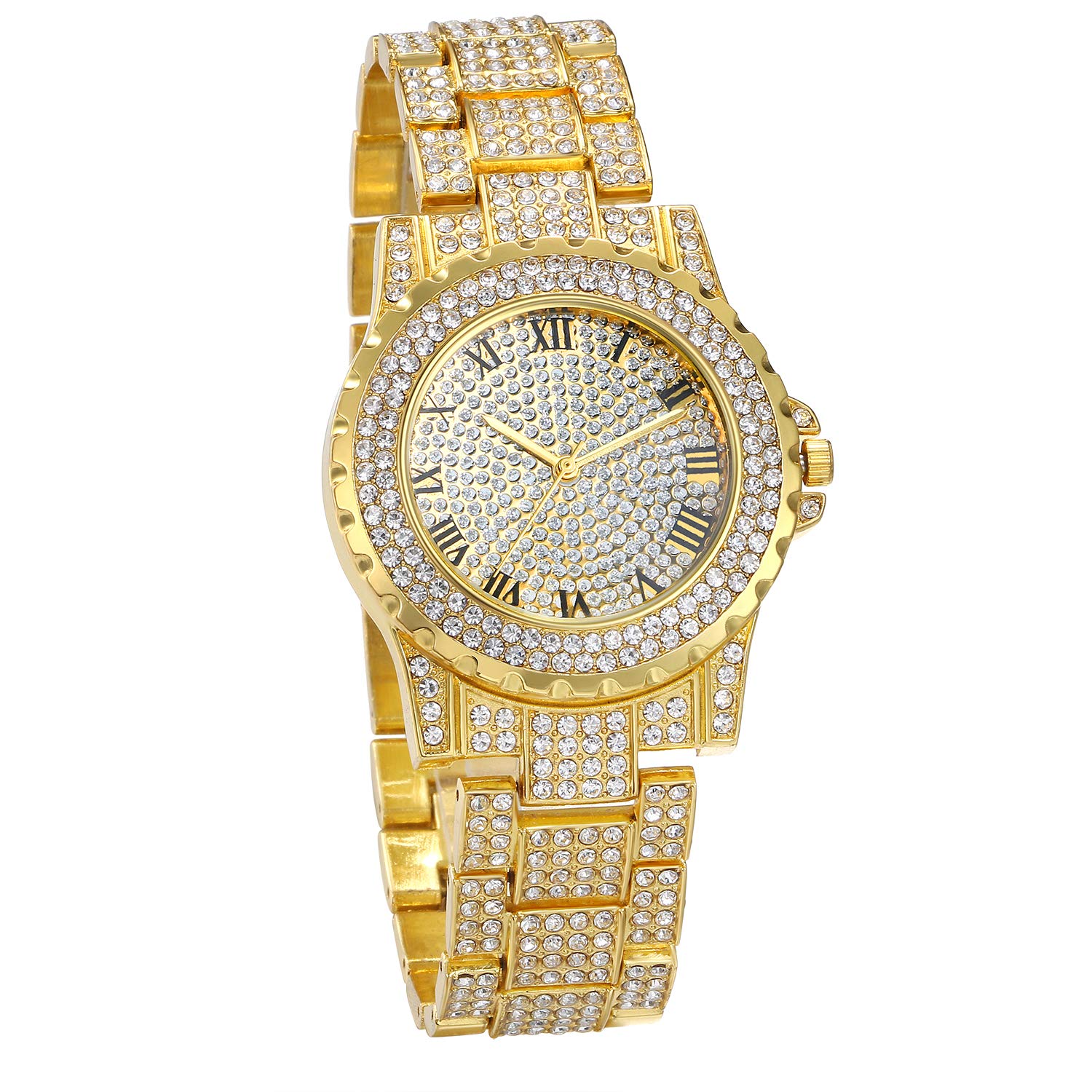 JewelryWe Men Women Watches Stylish Rhinestone Round Quartz Watch Gold Plated Stainless Steel Wristwatch for Fathers Day