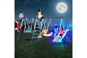 Sportspower Ramona Metal Swing Set 7-in 1: 3 Swings, Climbing Ladder and net, Basketball Hoop, and 5-ft Blow Molded Slide, 700lb Capacity, Yellow & Blue, Bonus Anchor kit Included