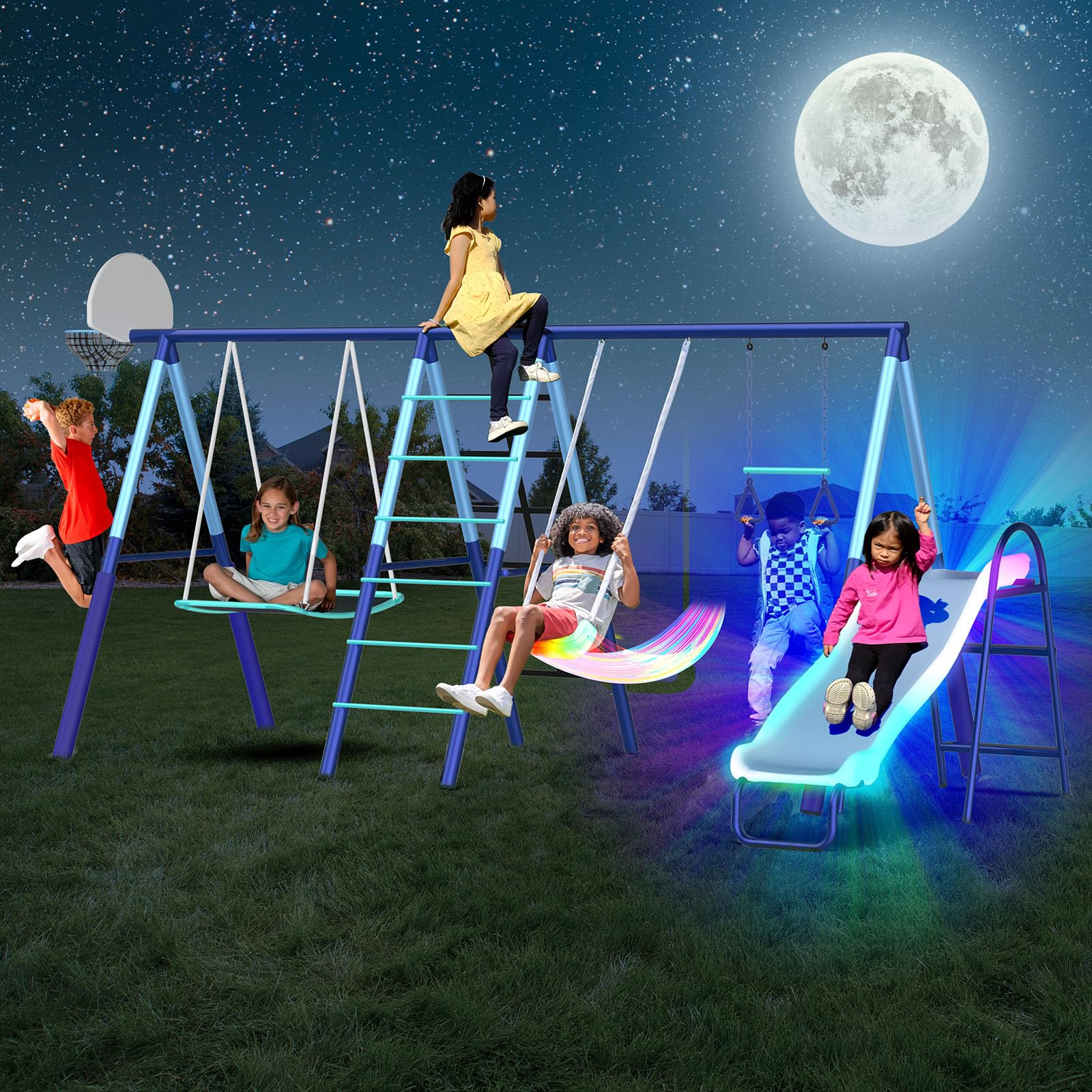 Photo 1 of **factory sealed**Sportspower Ramona Metal Swing Set 7-in 1: 3 Swings, Climbing Ladder and net, Basketball Hoop, and 5-ft Blow Molded Slide, 700lb Capacity, Yellow & Blue, Bonus Anchor kit Included