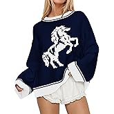 SHBECYDE Crew Neck Oversized Sweater for Women Y2k Long Sleeve Sweaters Horse Graphic Knit Pullover Trendy Fall Sweater 2026 Navy