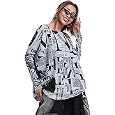 ellazhu Women's Off-Shoulder Long-Sleeved Cute Newspaper Printed Pullover Oversized Sweater Shirt GY2753