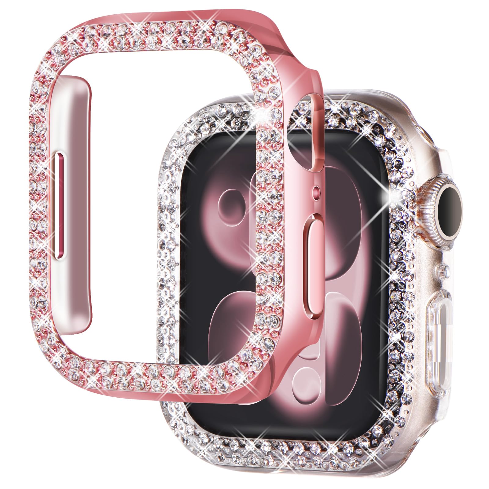NewWays 2-Pack Women Bling Case Compatible with Apple Watch 41mm Series 9/8/7 Without Protective Film,Overall Protective Bumper Diamond Cases for iWatch 41mm(Pink+Clear)