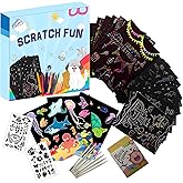 OMTOFUEN 36+9 Scratch Art Paper Kit with Pre-Outlined Template Customizable Paper 4 Follow Boards 8 Scratch Pens 12 Crayons 4 Velvet Clothes for up to 8 Kids Party Gift Birthday Christmas Halloween