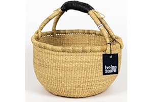 Bolga Zaare Market Basket, Handmade in Ghana by Women Artisans, Natural, MEDIUM, 13"-15" Diameter x 8"-9" H, BLACK HANDLE (1 basket)