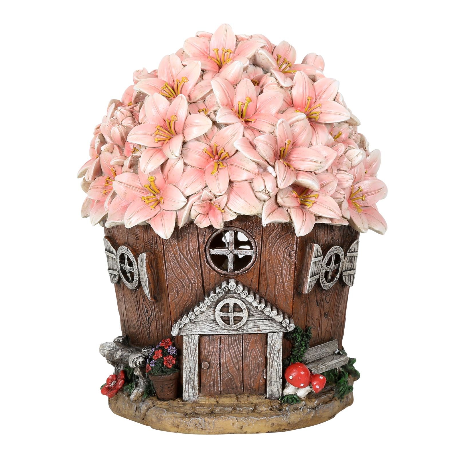 Azuma Garden Ornament Solar Powered Light Resin Decoration Flower House Pink Building Patio Outdoor Novelty LED