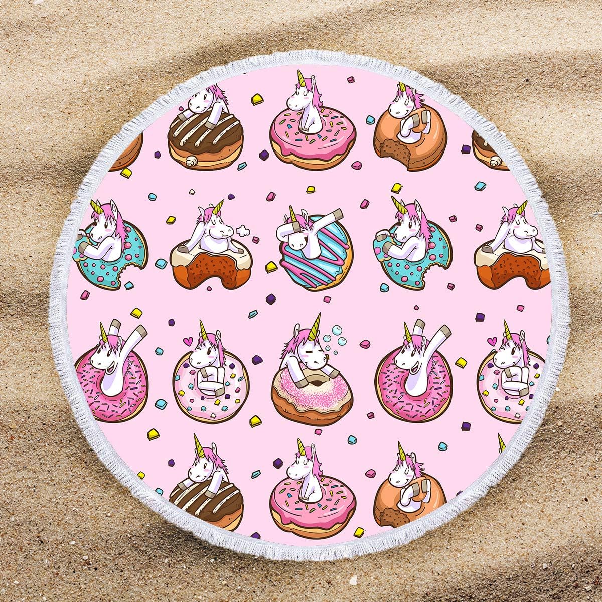 ARIGHTEX Girls Pink Round Beach Towel Cartoon Beach Shawl Cute Unicorn Yummy Donut Pattern Circle Yoga Mat for Kids 60" Unicorn Gifts