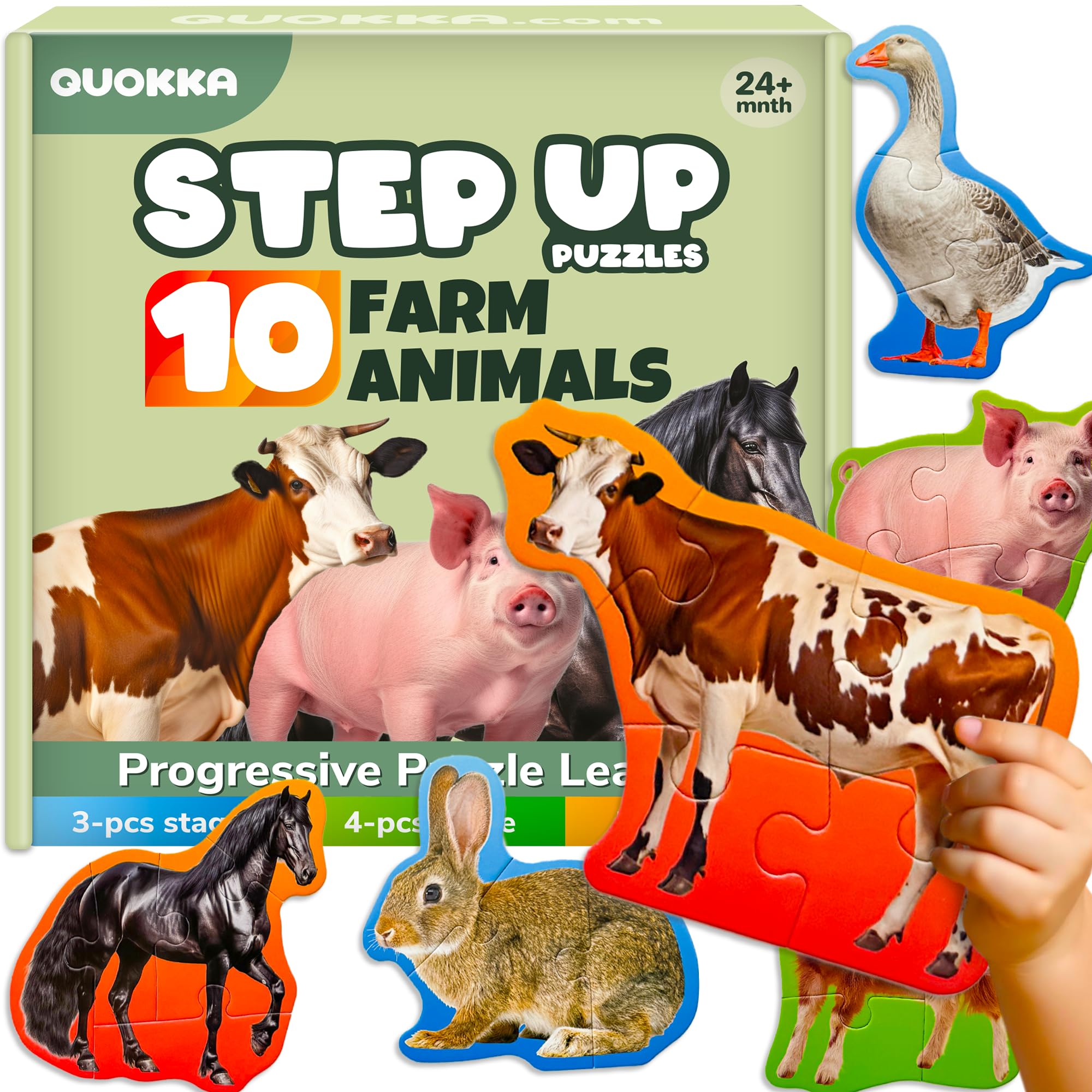 QUOKKA Puzzles For 2 3 Year Olds - Floor Toddler Puzzles Age 3-5 - Educational Jigsaw Toys 2-3 yo - 8 Realistic Farm Animal Shapes - Large Pieces Games for Children - Gift For Kids