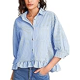 Flygo Womens 3/4 Sleeve Striped Button Down Shirts Cropped Ruffle Hem Casual Collared Drop Shoulder Cotton Blouse Summer Tops