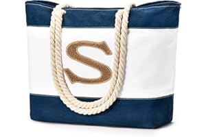 Becokan Initial Beach Bag Waterproof Canvas Beach Tote Bag Zipper Personalized Gifts for Women Her Birthday Travel Essentials