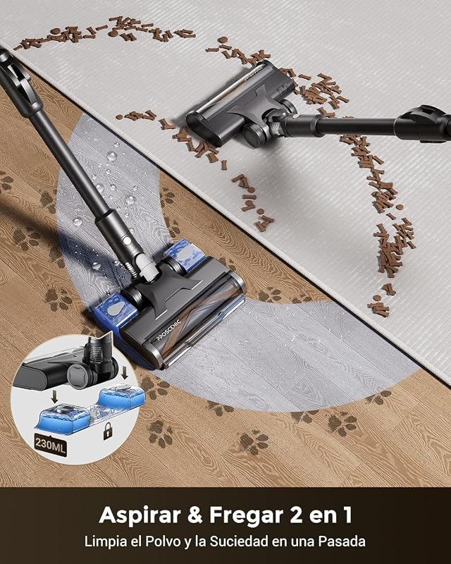 Aspiradora sin Cable 70Mins/70kPa/680W, Autoportante y Plegable, con Cepillo Anti-Enredo y Depósito de Agua, Escoba Aspiradora sin Cable para Pelo de Mascotas/Suelos/Alfombras