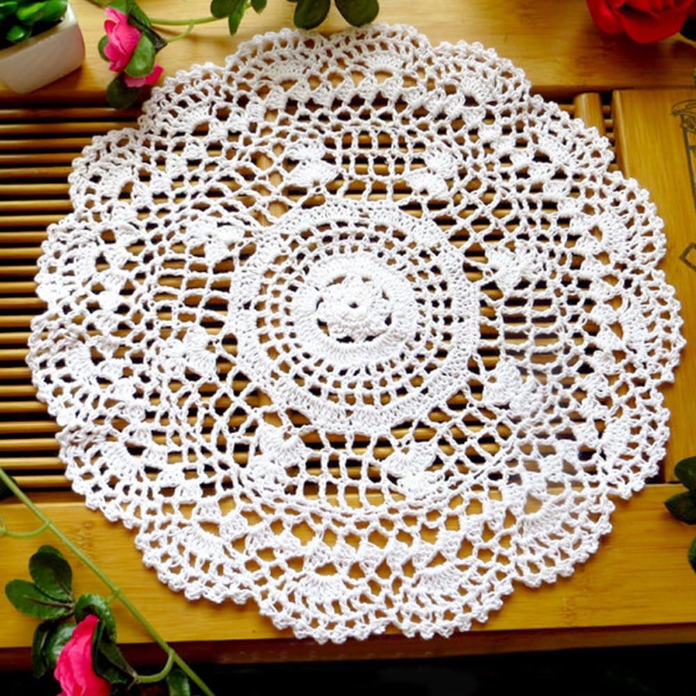 HZsdzML Vintage Hollow Flower Placemat Hand Crocheted Lace Doilies Round Table Coaster - White