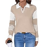 LOMON V Neck Long Sleeve Loose Sweaters Color Block Striped Knitted Pullover Jumper Tops