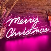 KANAYA Pink Merry Christmas Led Neon Light Sign USB Powered, for Xmas Party Home Bar Living Room Bedroom Wall Window Door Decor, 15.4 Inch