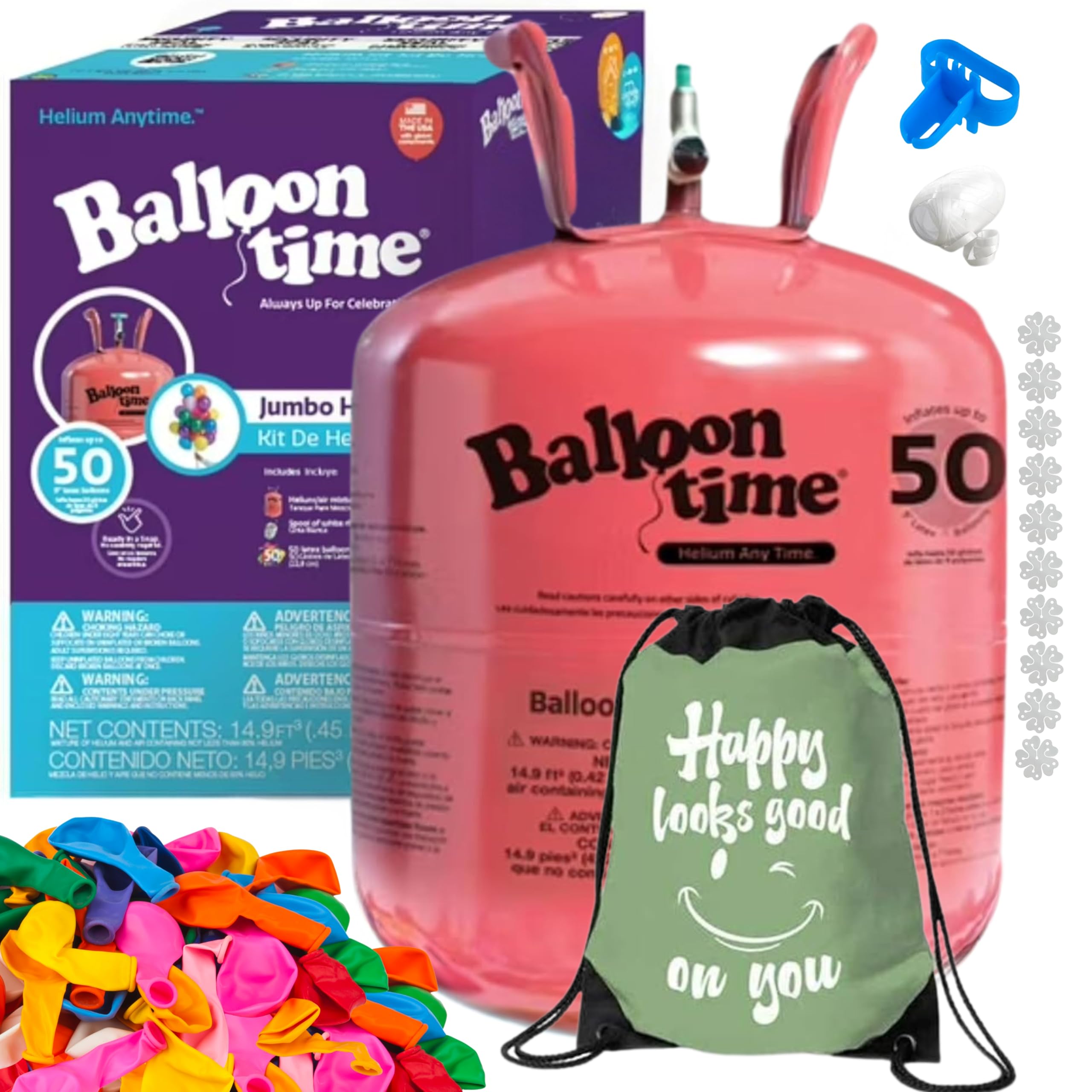 Blue Ribbon Balloon Time Disposable Helium Tank 14.9 cu.ft - 50 Latex Balloons + Balloon Tying Tool + Curling Ribbon