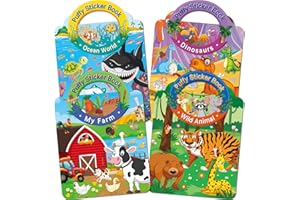 Elfew 4 Pack 3D Puffy Sticker Book for Kids 2-4, Reusable Sticker Books for Toddlers 1-3, Toddler Activity Books, Travel Toys for Girls Boys Birthday Gifts, Farm, Dinosaurs, Ocean World, Wild Animal