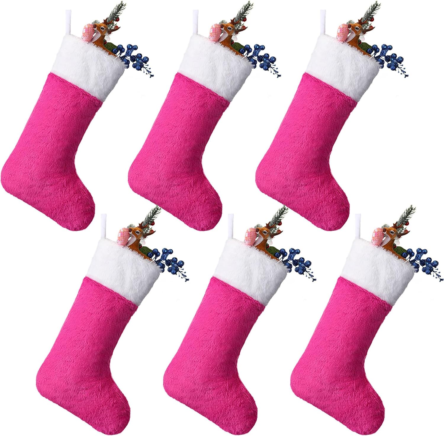 Stockings & Holders - Ceenna 6 Pcs Christmas Stockings White Cuff Plush Decorative Stocking Christmas Fireplace Santa Socks Xmas Tree Hanging Ornaments for Christmas Holiday Party Decorations (Pink,18 Inch)