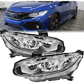 Chrome Headlights Assembly w/LED DRL Compatible with 2016-2021 Honda Civic Halogen Headlamps Direct Replacement Driver Passenger Side 33150TBAA01, 33100TBAA01