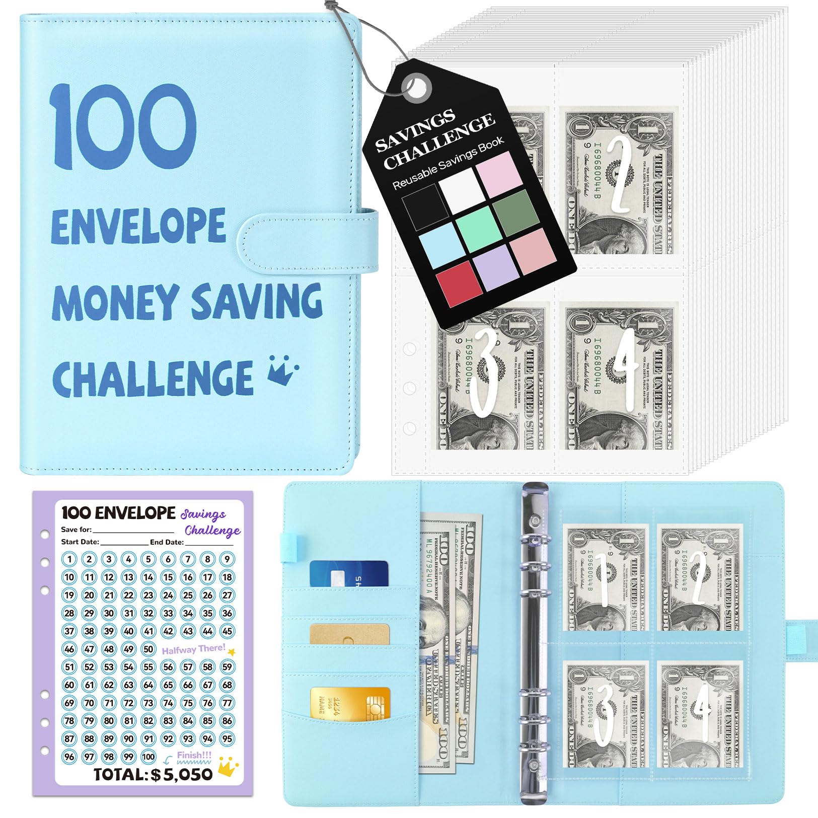 Photo 1 of 100 Envelopes Money Saving Challenge Binder, A5 Savings Challenges Book with Envelopes & Reusable Tracker, Savings Binder - Save $5050 in Fun & Motivating Way, A5