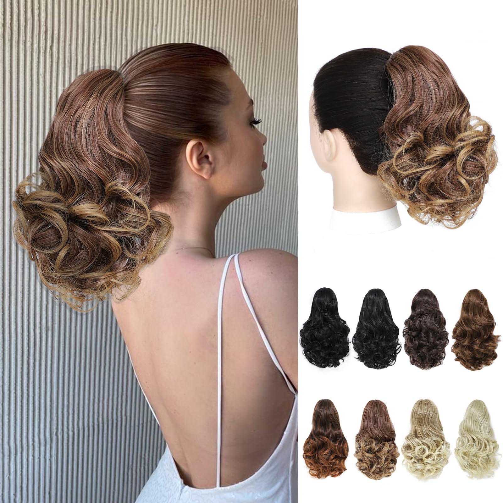 Photo 1 of Angzon Ponytail Extension 8 Inch Claw Clip in Ponytail Short Curly Ponytail Extension for Women Fluffy Wavy Curly Synthetic Versatile Mix Brown Hairpieces