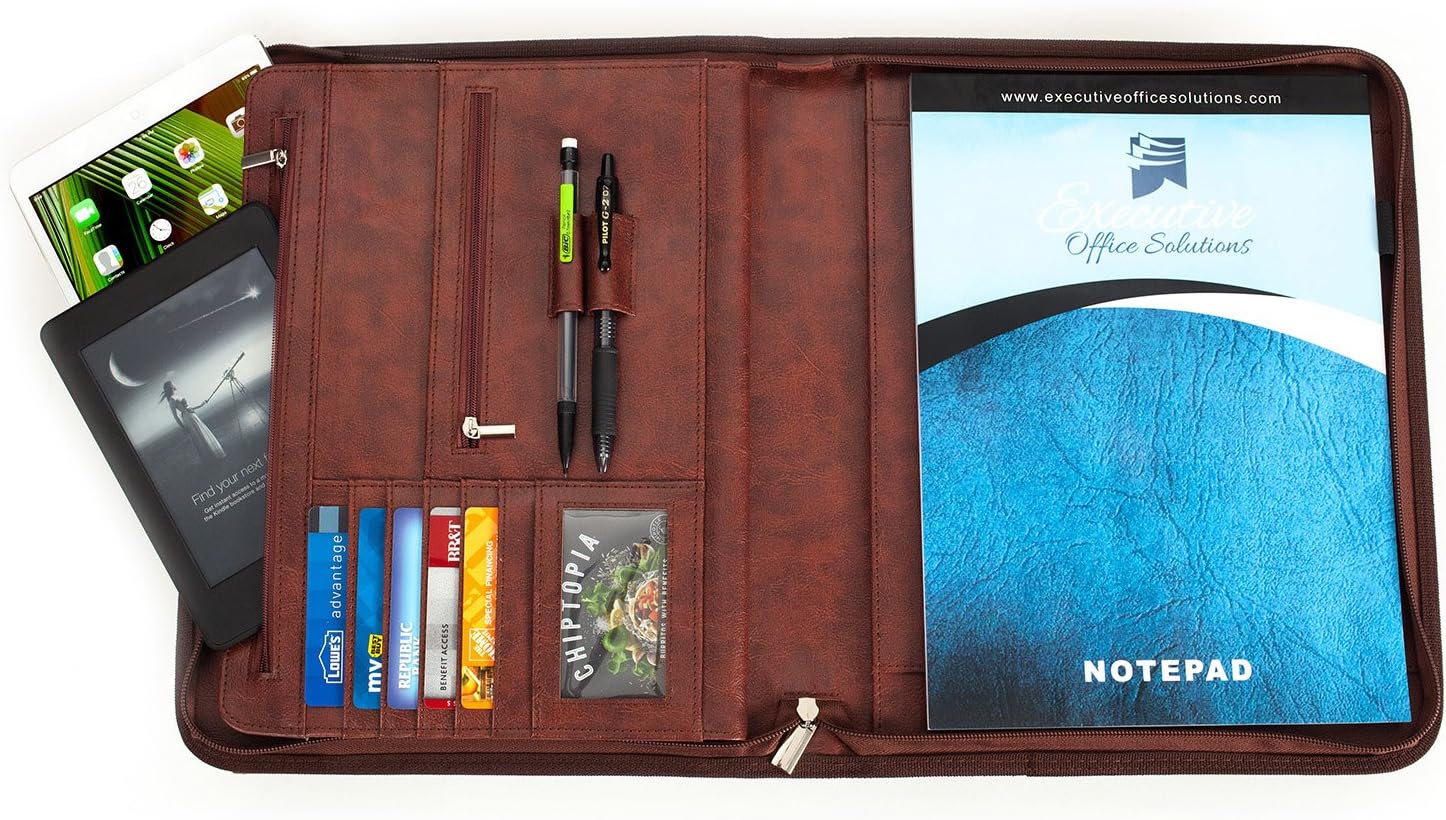 Executive Office Solutions Professional Executive Business Padfolio Portfolio Case - PU Leather Resume & Document Organizer with 10.1 Inch Tablet Sleeve, Zipper, Premium Paper Pad - Brown (F062A)