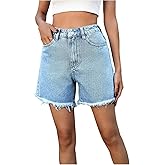 SHENHE Women's Summer High Waisted Jean Shorts Frayed Raw Hem Denim Shorts Jorts with Pockets