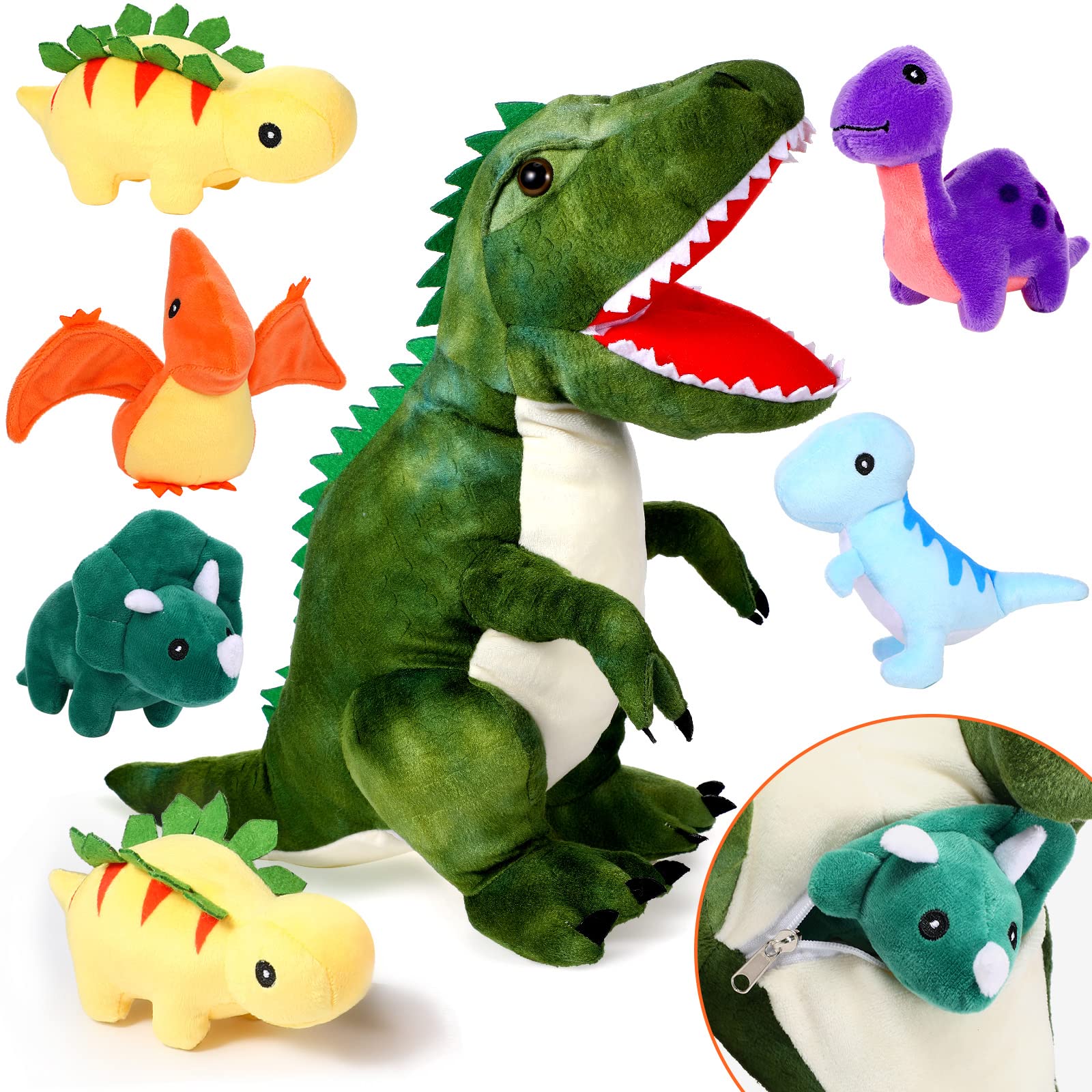 Photo 1 of Chalyna 15.7 Inch Plush Dinosaur Plush Stuffed Animal with 5 Cute Little Dinosaurs in Tummy Carrier Baby Dinosaur Gift Set Kid Soft Cuddly Stuffed Pillow for Birthday Valentines Party Favor