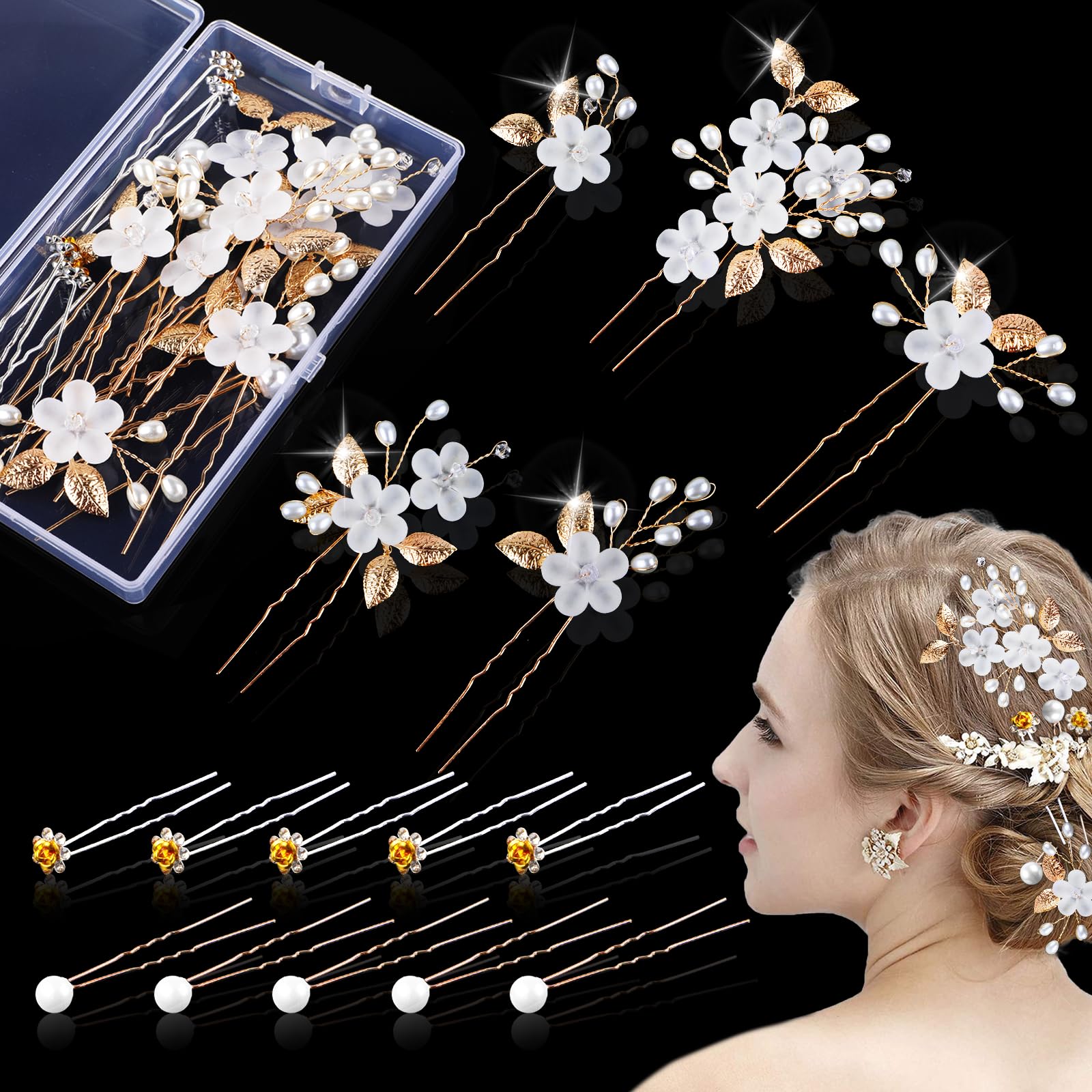 Tikplus 15 Pcs Bridal Hair Accessories, Wedding Hair Pins, Floral & Pearl Designs, 3 Styles, Gold, 1 Count (Pack of 15), Adult Women (Formal Events)