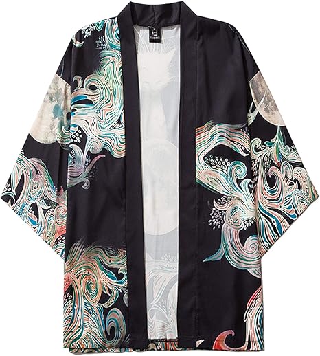 Amazon Co Jp メンズ着物ジャケットカーディガン 和風ボタンレスカーディガン7袖オープンフロントコート Black S ホーム キッチン