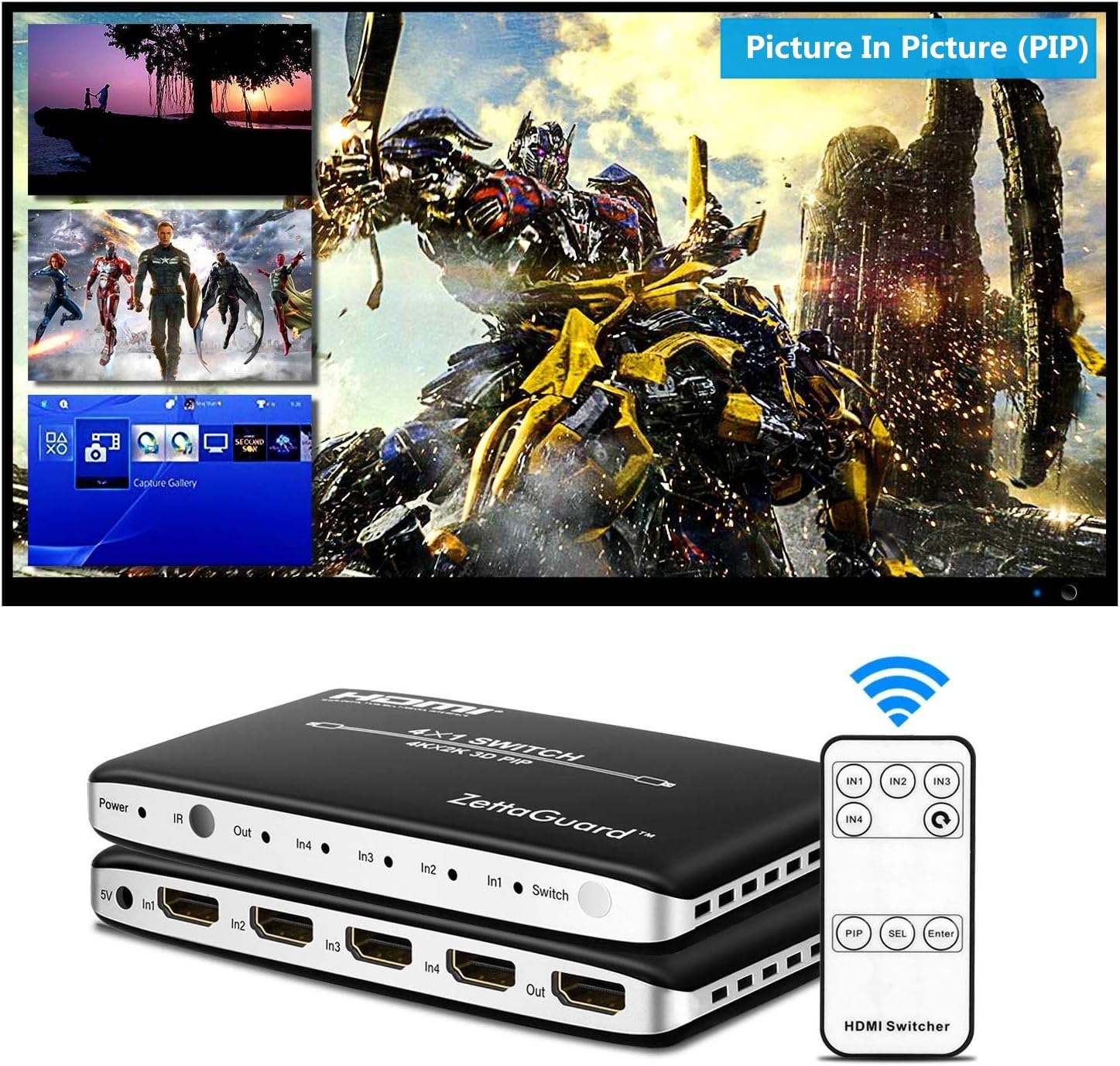Zettaguard 4K x 2K 4 Port 4 x 1 HDMI Switch with PIP (Picture in Picture)and IR Wireless Remote Control, HDMI Switcher Hub Port Switches for PS4 Xbox Apple TV Fire Stick Blu-Ray Player (ZW410): Electronics