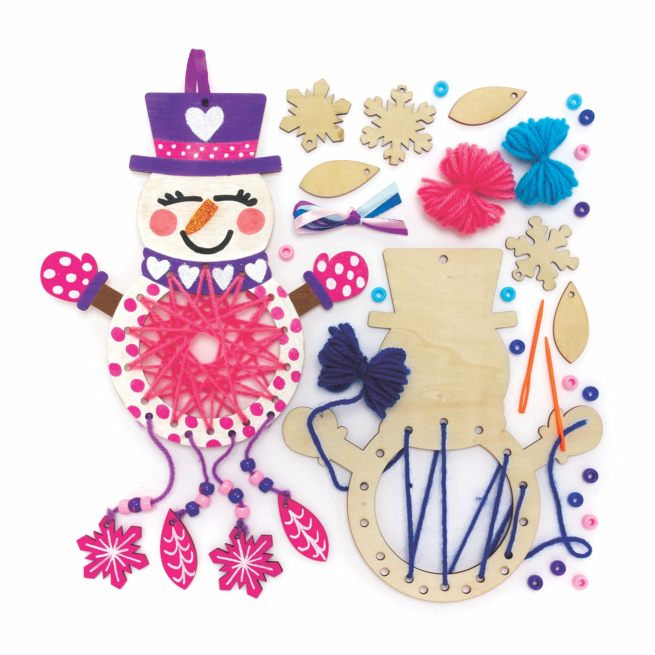 Baker Ross FC119 Snowman Wooden Dream Catcher Craft Kits - Pack of 4, Make Your Own Wood Dream Catcher Kit, Christmas Art and Craft for Kids to Make and Decorate