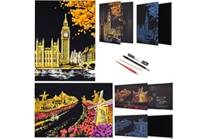Rainbow Scratch Painting Paper By BOTEEN,City Series Night Scene,Scratch Painting Creative Gift,Scratchboard for Adult and Kids,with 4 Tools,Size:16''x11'' (Dutch Windmill,Big Ben)