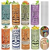 Tiki Mugs Set of 8 - Ceramic Tiki Glasses with Tiki Coaster, Unique Cocktail Glass, Bar Professional HawaiianTiki Mug and Halloween Christmas Party Barware