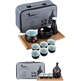 Japanese Ceramic Sake Set, Cups, Bottle, Warmer, Tray, Carrying Case | Sake set with ceramic cups, bottle, warmer, bamboo tray, and cloth case