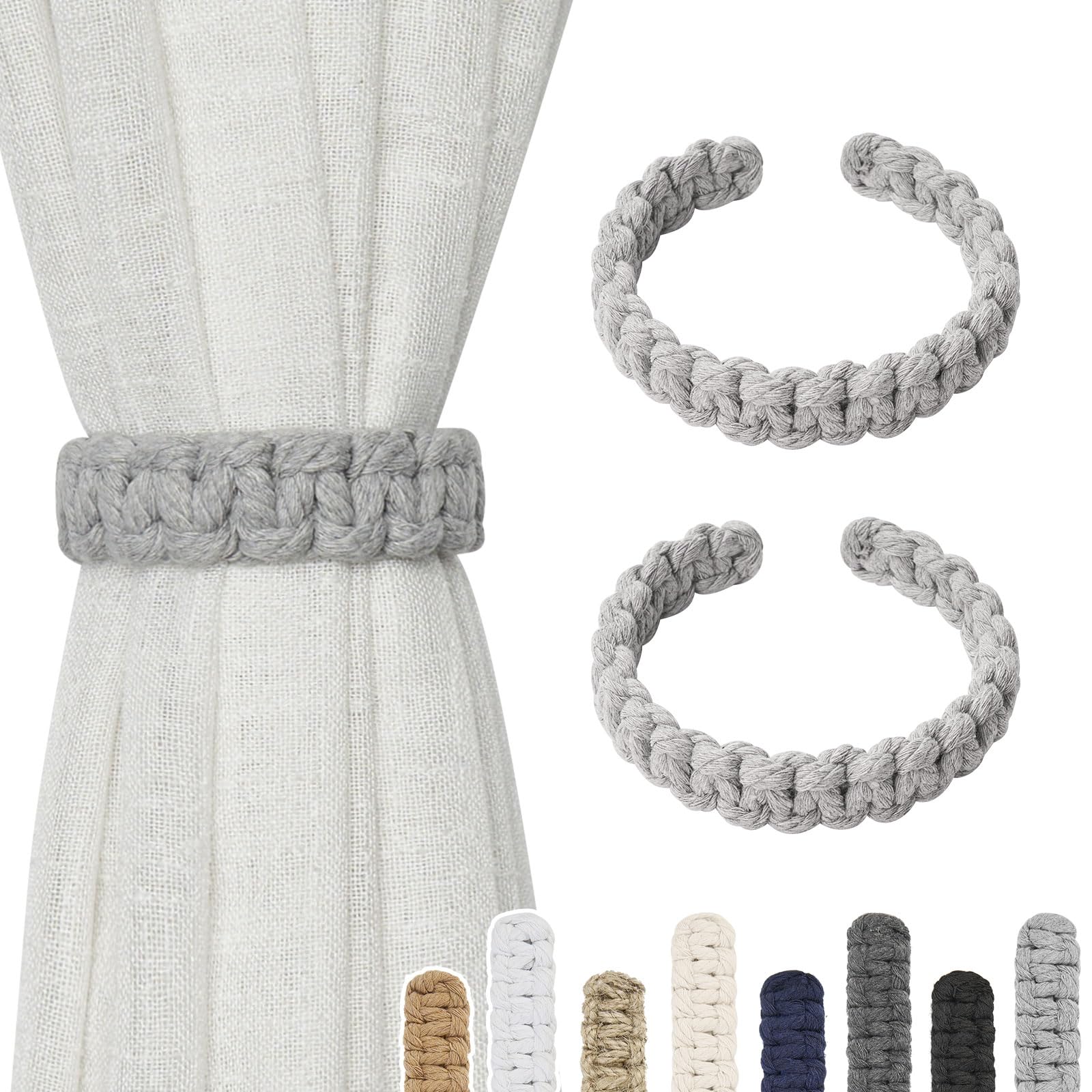 Pretty Jolly 2 Pack Natural Cotton Rope Curtain Tiebacks Farmhouse Rustic Style Decorative Drape Tie Backs Handmade Braided Curtain Holdbacks for Home Sheer/Light Weight Drapery (C-Light Grey-S)