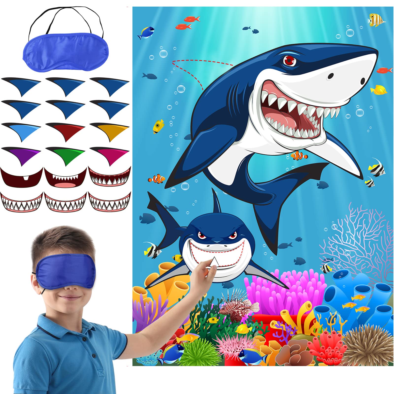 Photo 1 of Nezyo Pin The Fin on The Shark Games Set Shark Game Poster with 12 Pcs Fins Stickers 12 Pcs Teeth Stickers 2 Pcs Blindfolds for Kids Family Classroom Activities Birthday Party Decoration Supplies