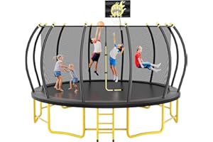 JINS&VICO 16FT Pumpkin Trampoline with Basketball Hoop, Recreational Trampoline with Balance Bar, Enclosure Net and Galvanized Steel Frame, Outdoor Trampoline for Kids and Adults, Capacity 1100 lbs, Yellow