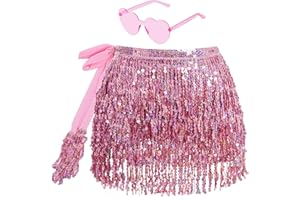 SUMERSHA Sequin Belly Dance Hip Scarf Tassel Wrap Sparkly Fringe Skirt with 1 Pair Heart Sunglasses Party Rave Costume for Women