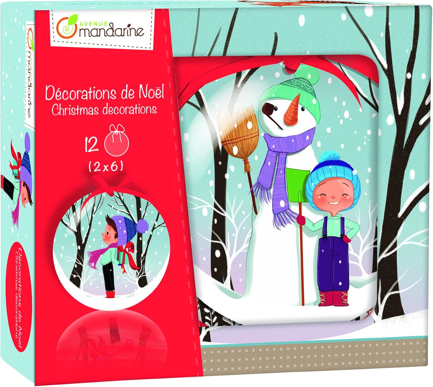 Avenue Mandarine, Ref CO083O, Christmas Bauble Decorations for Boys, 12 Decorations to Hang, Designs Featuring Snowmen