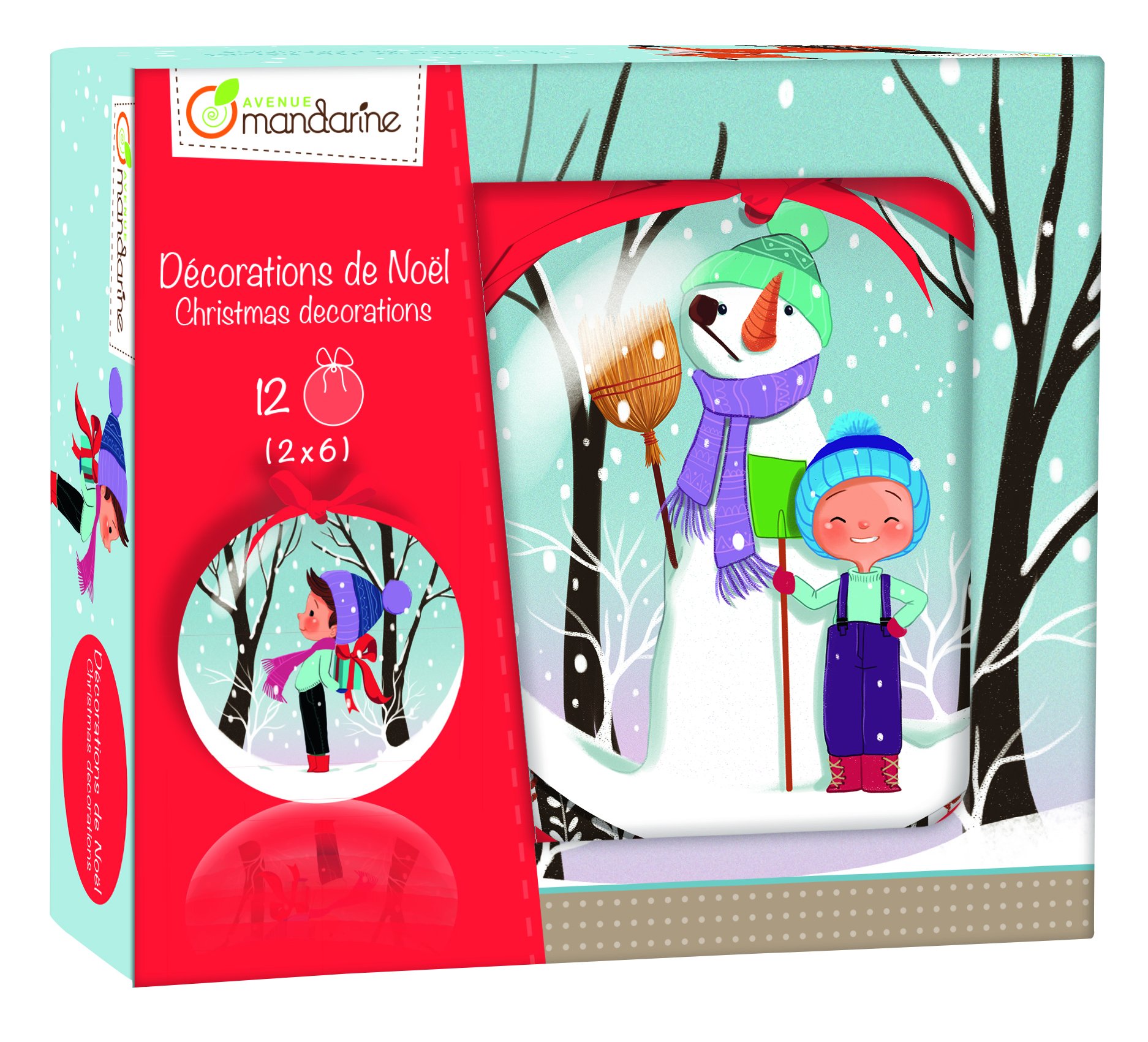Avenue Mandarine - Ref CO083O - Christmas Bauble Decorations for Boys - 12 Decorations to Hang, Designs Featuring Snowmen, Reindeer, Sledges, Suitable for All Ages