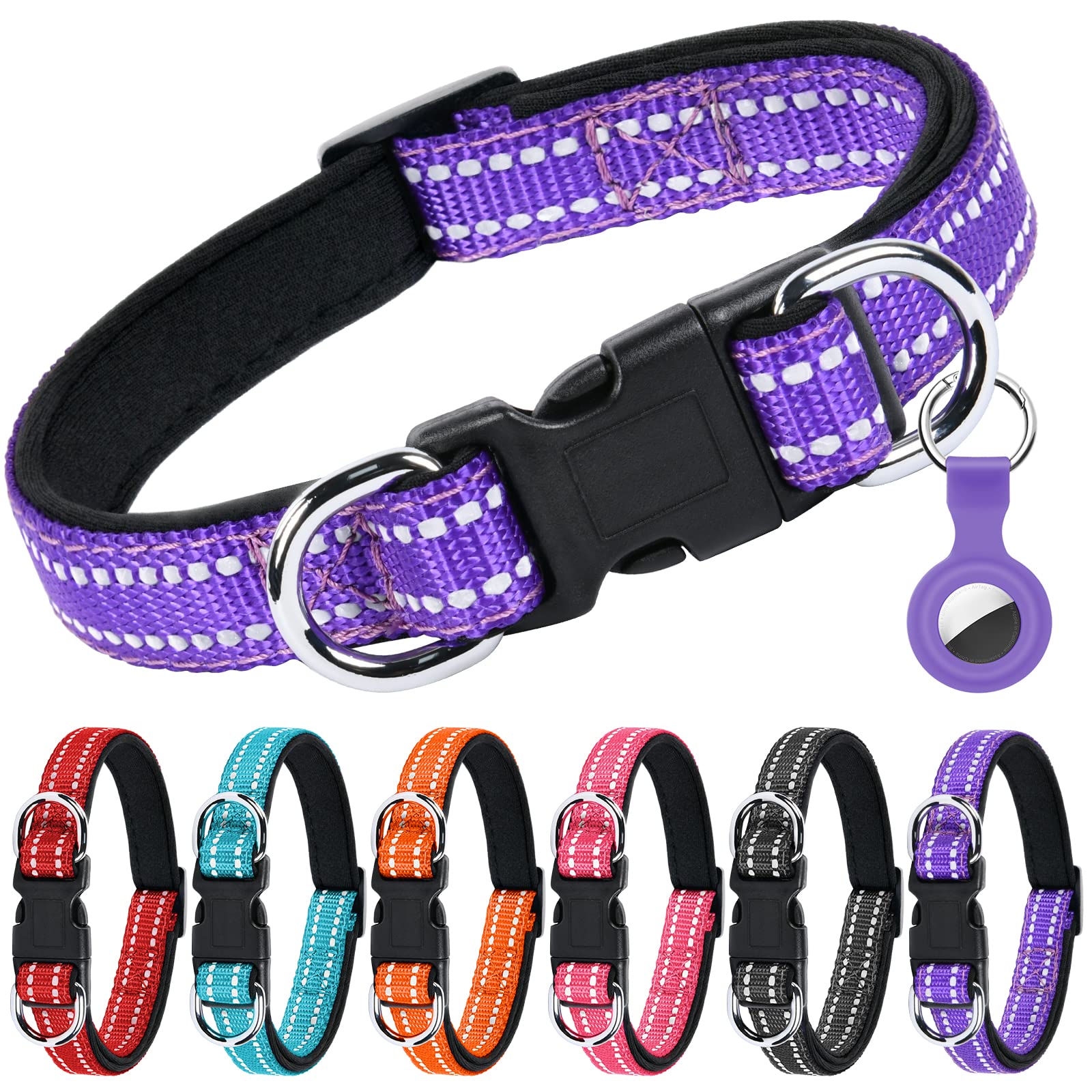 AUAUY Reflective Nylon Dog Collars, Double Security Adjustable Classic Pet Collars with Soft Neoprene Padding AirTag Case, Dual D-Ring Quick Release Buckle for Small Puppy, Medium Large Dogs(Purple-L)