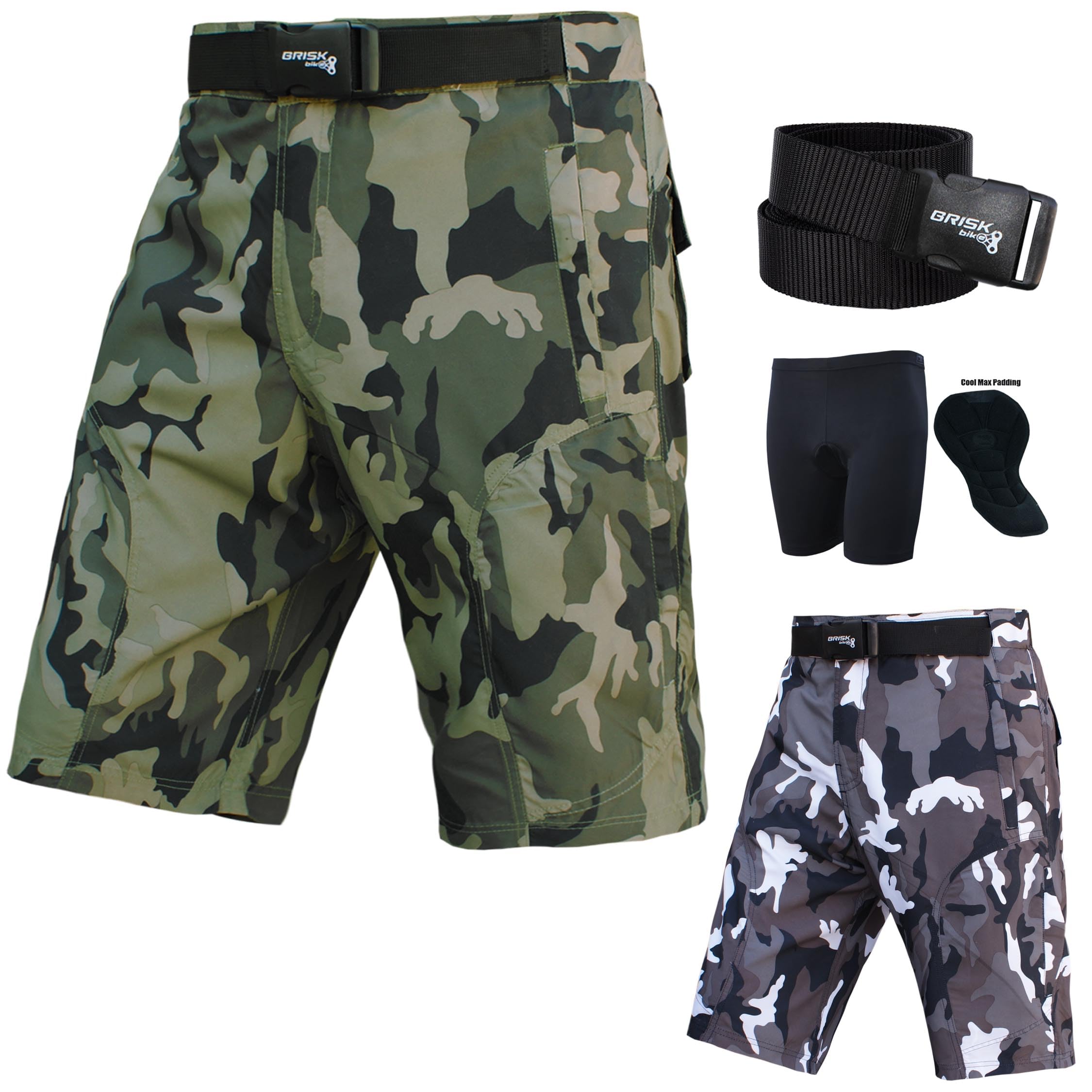 Brisk Bike MTB Shorts - Mountain Bike Shorts with Coolmax Padded Detachable Inner Lining Lightweight Cycling Shorts for Outdoor Training and Running (Camo Green, S)