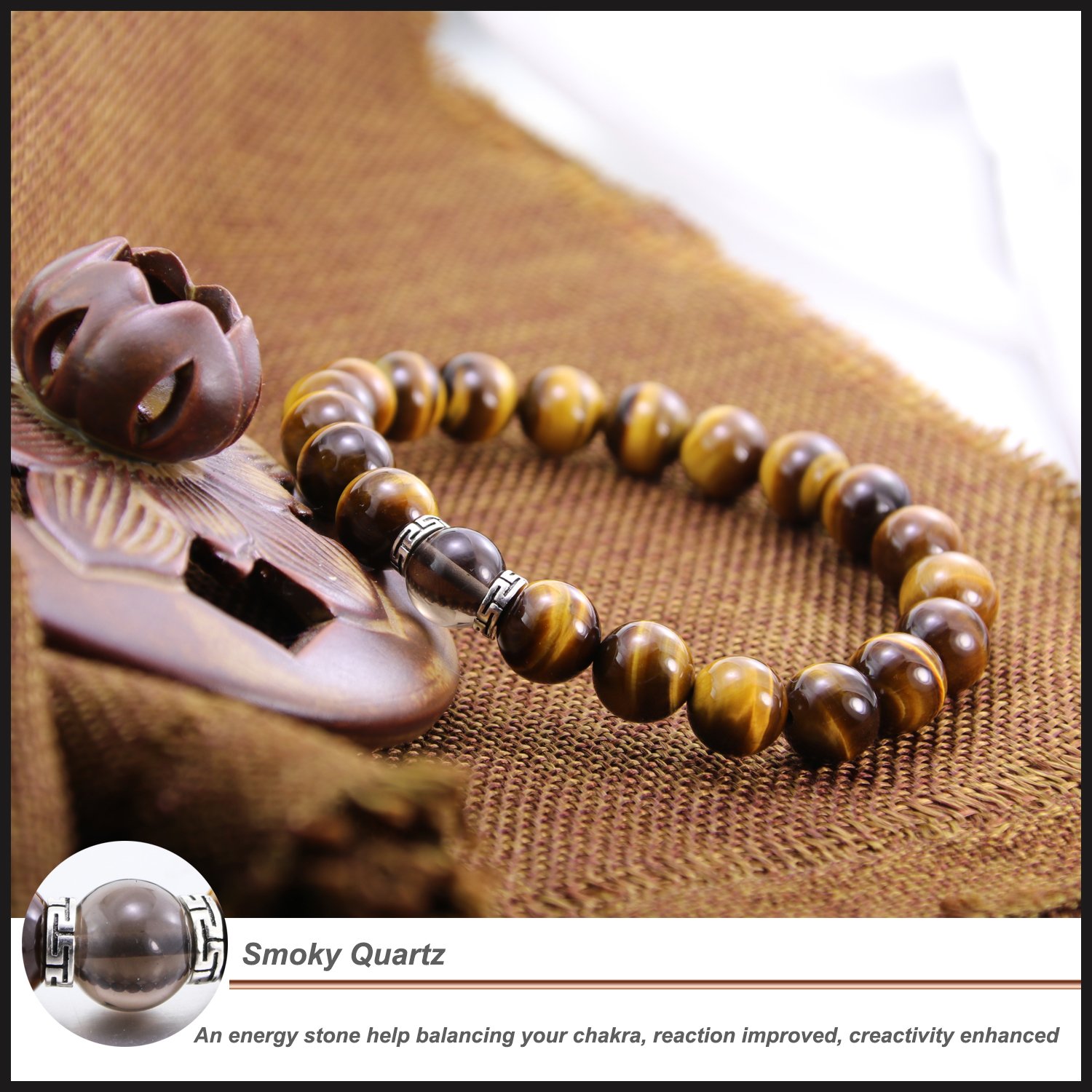 COLORFEY Tiger Eye Bracelet 10mm Real Stone Chakra Healing Bracelet for Men