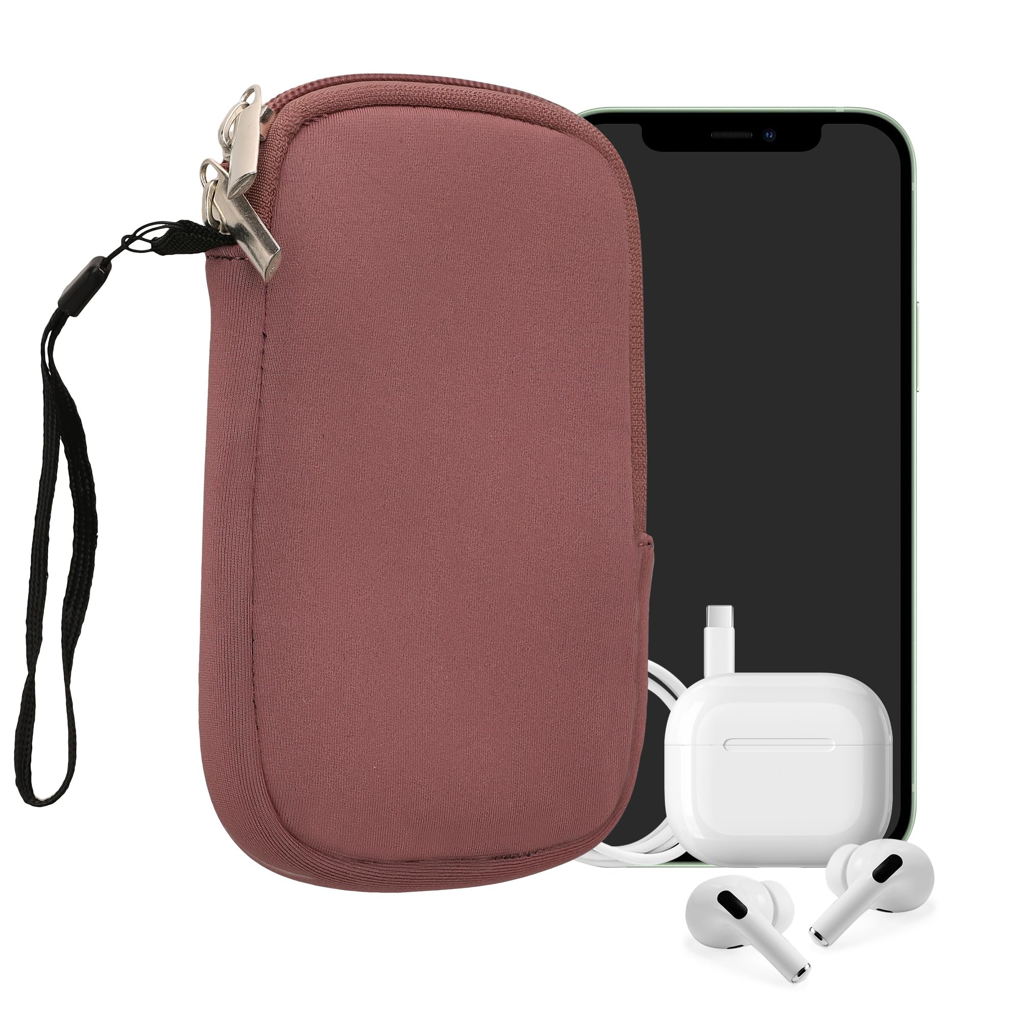 kwmobile Neoprene Phone Pouch Size L - 6.5" - Universal Cell Sleeve Mobile Bag with Zipper, Wrist Strap - Dark Rose